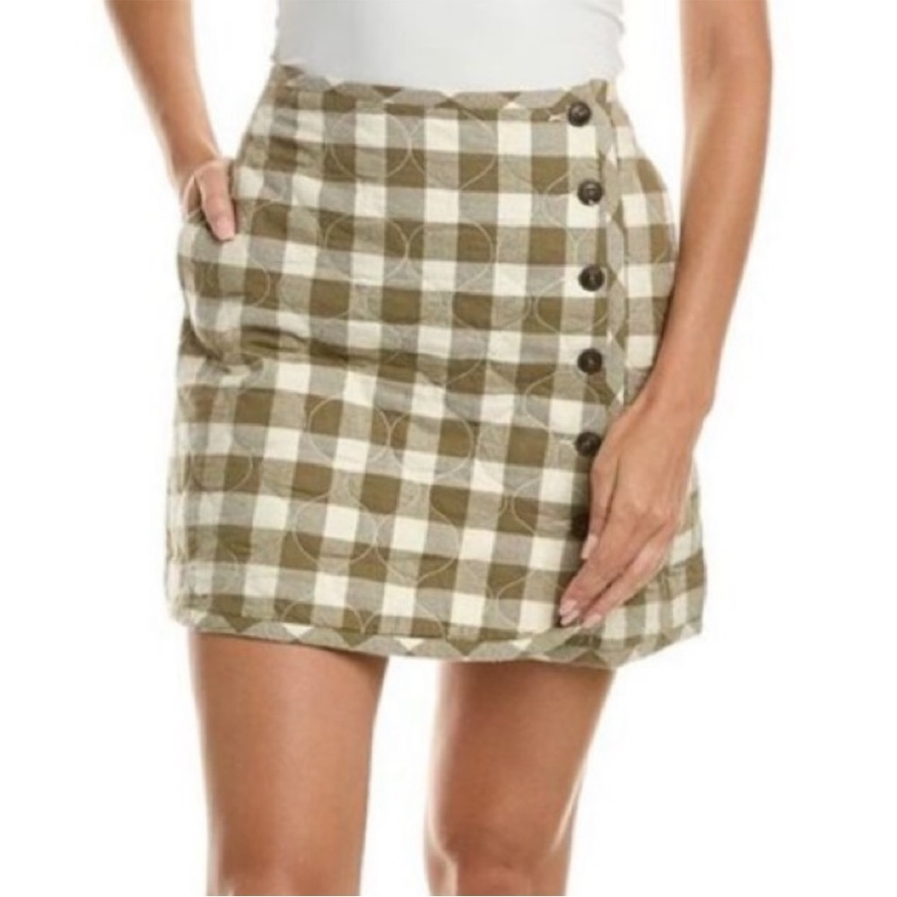 Madewell Green White Gingham Check Button Front Quilted Mini Skirt NWT Size 16